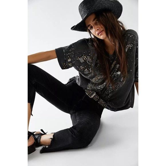NWT WE THE FREE PEOPLE Sz S HOWLIN TEE EMBELLISHED TUNIC TOP BLACK - Picture 5 of 5